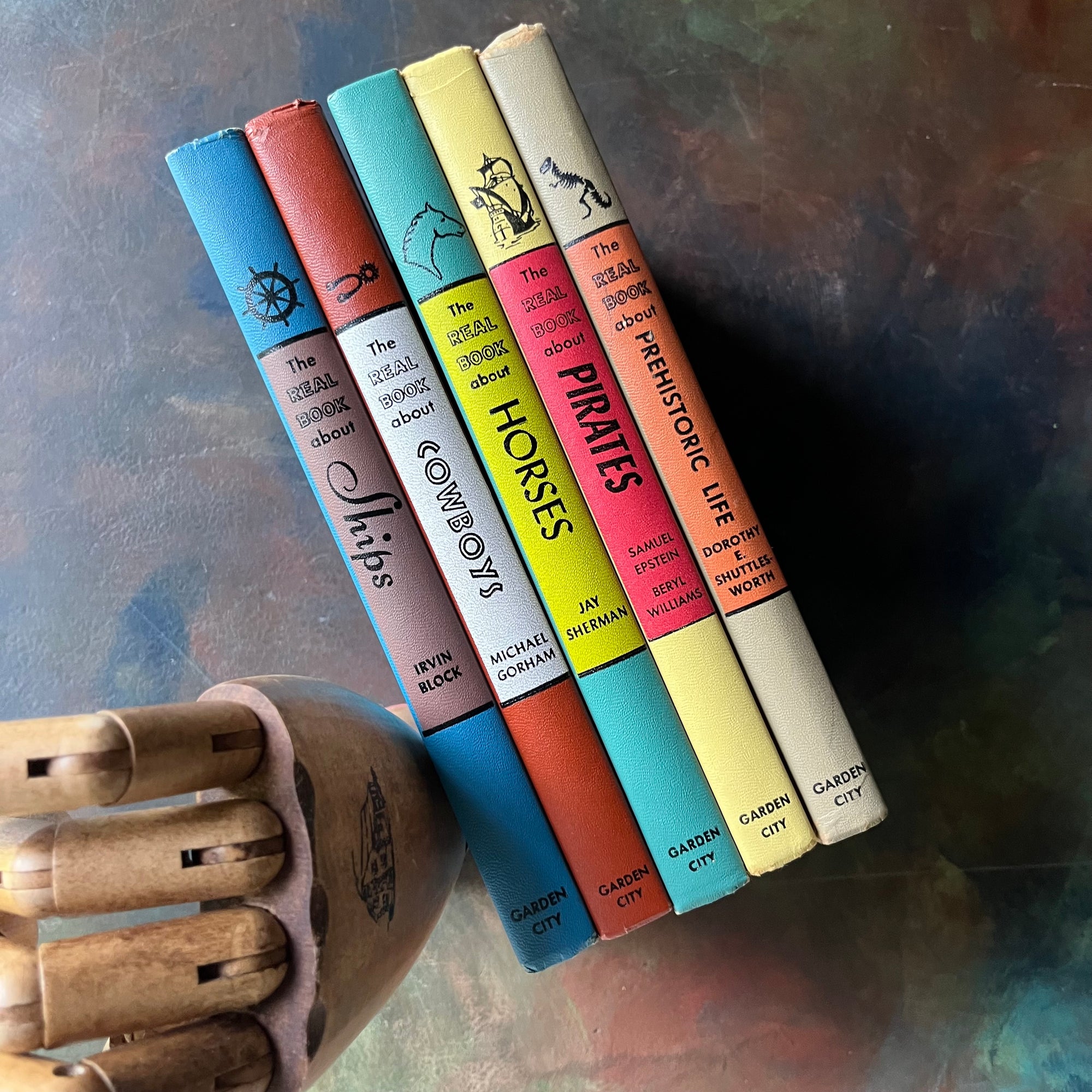 The Real Books About Series Book Set-Horses-Ships-Pirates-Cowboys-Prehistoric Life-vintage children's living history books-view of the spines