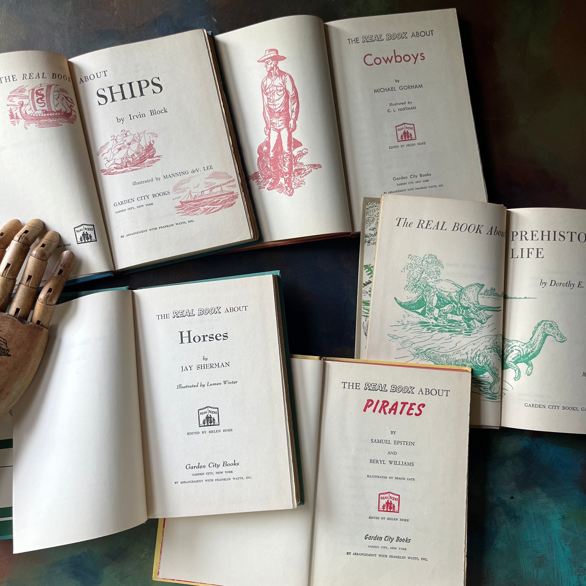 The Real Books About Series Book Set-Horses-Ships-Pirates-Cowboys-Prehistoric Life-vintage children's living history books-view of the title pages