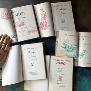 The Real Books About Series Book Set-Horses-Ships-Pirates-Cowboys-Prehistoric Life-vintage children's living history books-view of the title pages