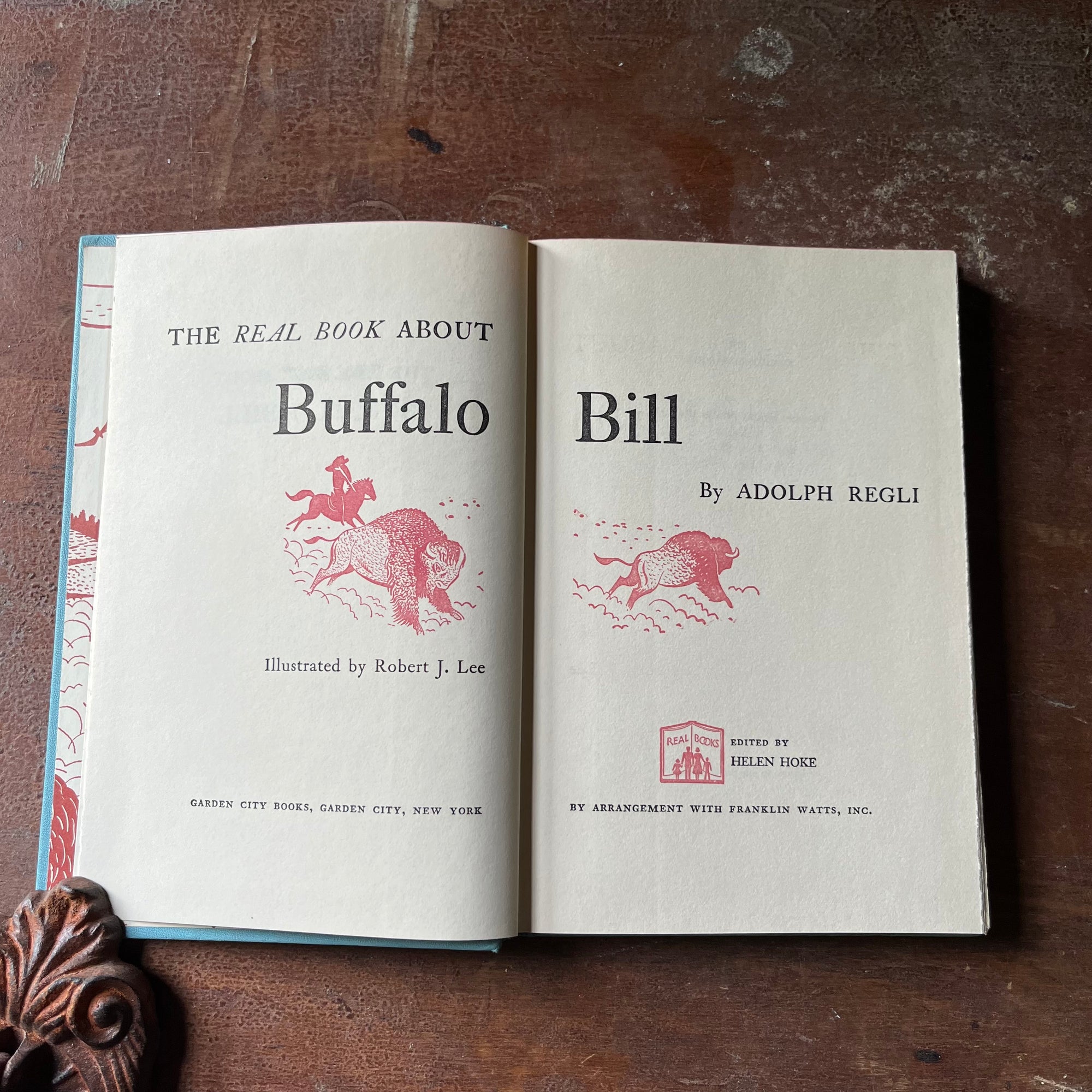 vintage children's book, vintage history book, biography, The Real Book About Series - The Real Book About Buffalo Bill by Adolph Regli with illustrations by Robert J. Lee - view of the title page