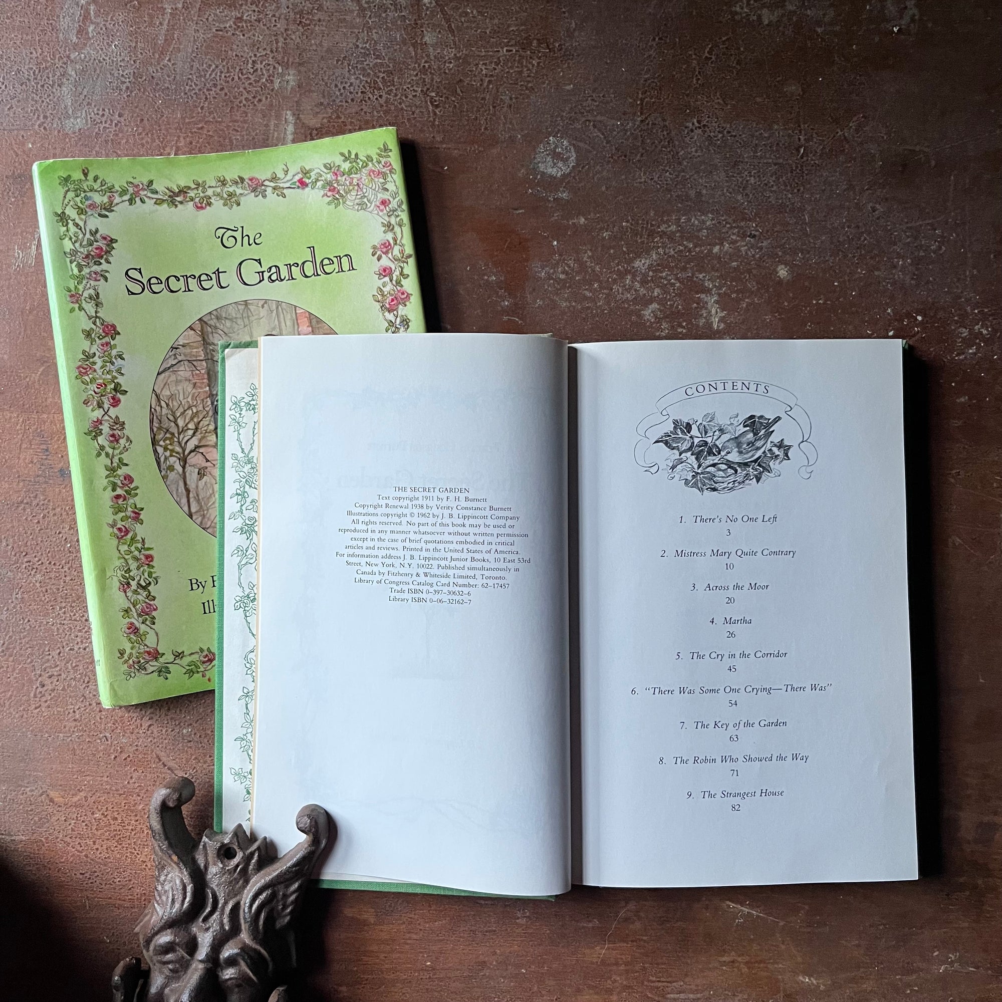 vintage children's chapter books, Tasha Tudor Illustrations, classic literature, read aloud book - The Secret Garden written by Frances Hodgson Burnett with illustrations by Tasha Tudor - view of the copyright & content pages