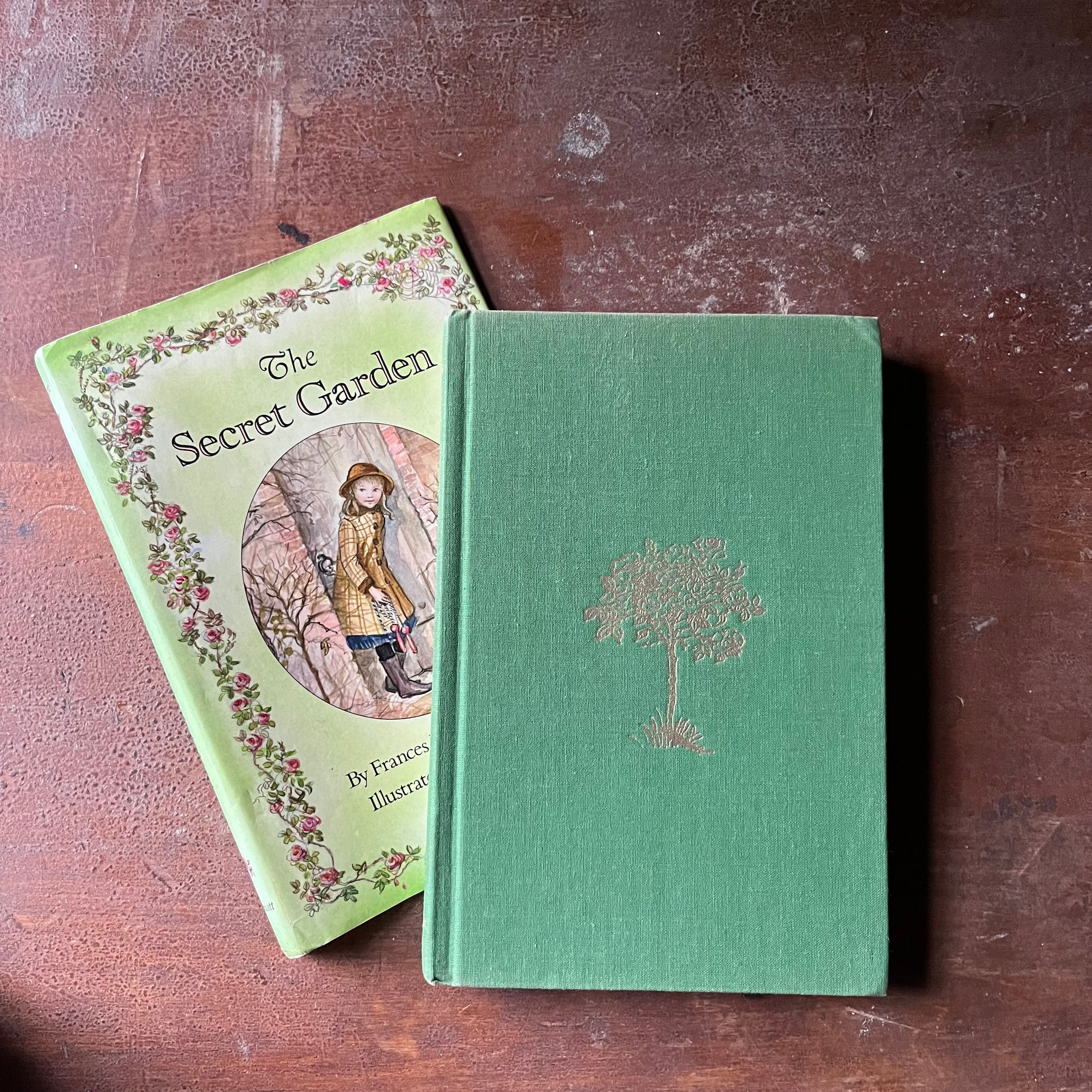 vintage children's chapter books, Tasha Tudor Illustrations, classic literature, read aloud book - The Secret Garden written by Frances Hodgson Burnett with illustrations by Tasha Tudor - view of the front cover with an embossed tree in the middle