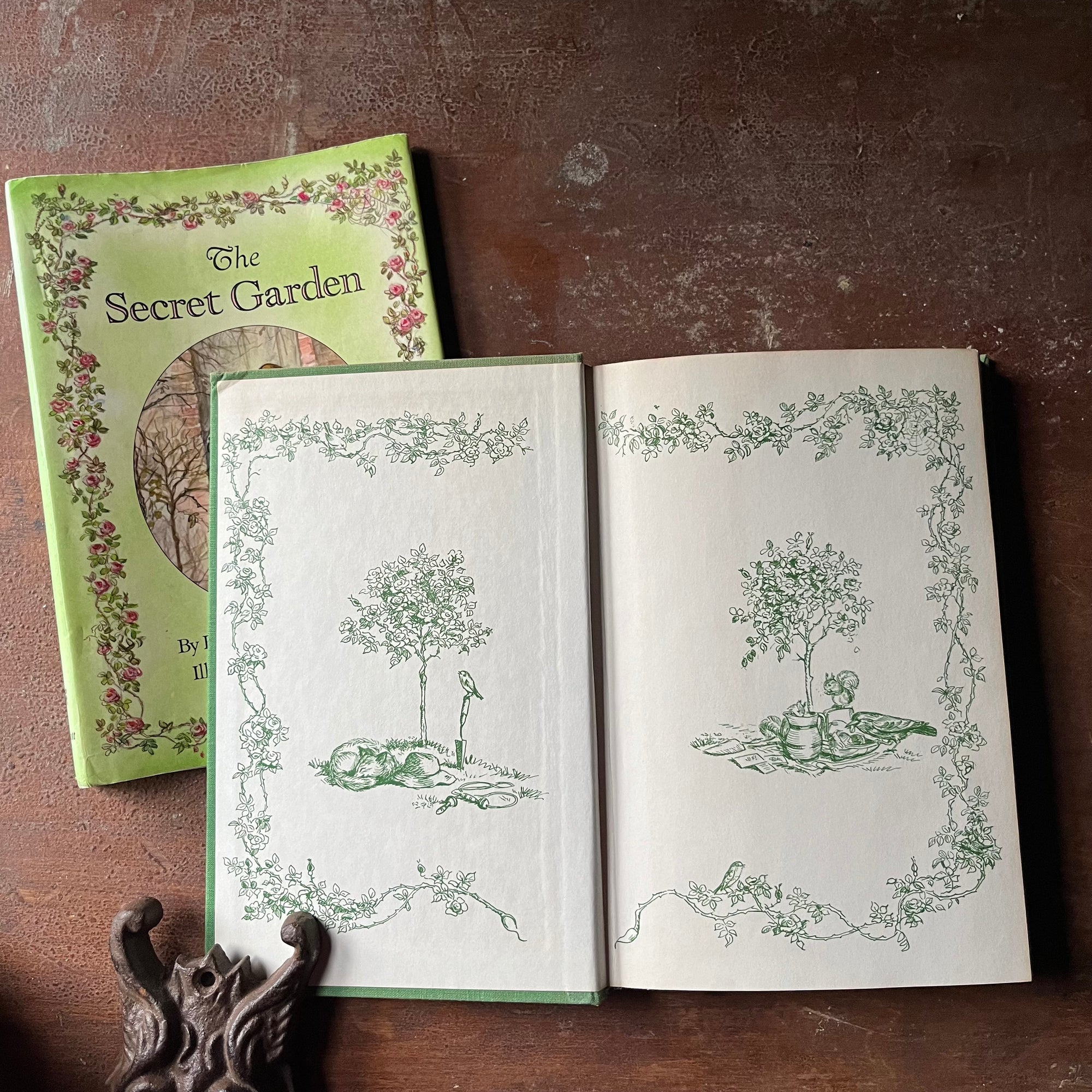 vintage children's chapter books, Tasha Tudor Illustrations, classic literature, read aloud book - The Secret Garden written by Frances Hodgson Burnett with illustrations by Tasha Tudor - view of the inside cover