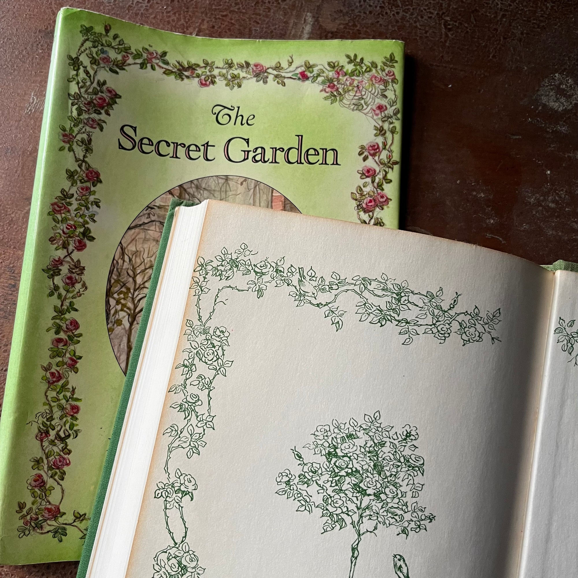 vintage children's chapter books, Tasha Tudor Illustrations, classic literature, read aloud book - The Secret Garden written by Frances Hodgson Burnett with illustrations by Tasha Tudor - view of the view of the end papers aging around the edges