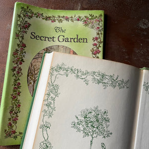 vintage children's chapter books, Tasha Tudor Illustrations, classic literature, read aloud book - The Secret Garden written by Frances Hodgson Burnett with illustrations by Tasha Tudor - view of the view of the end papers aging around the edges