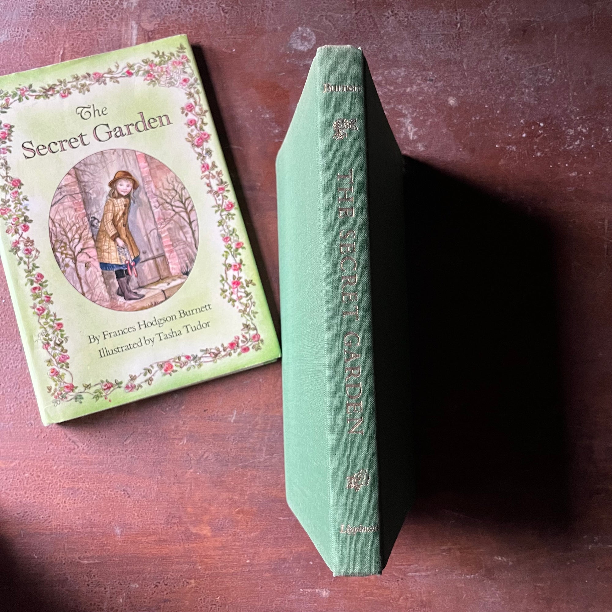 vintage children's chapter books, Tasha Tudor Illustrations, classic literature, read aloud book - The Secret Garden written by Frances Hodgson Burnett with illustrations by Tasha Tudor - view of the spine