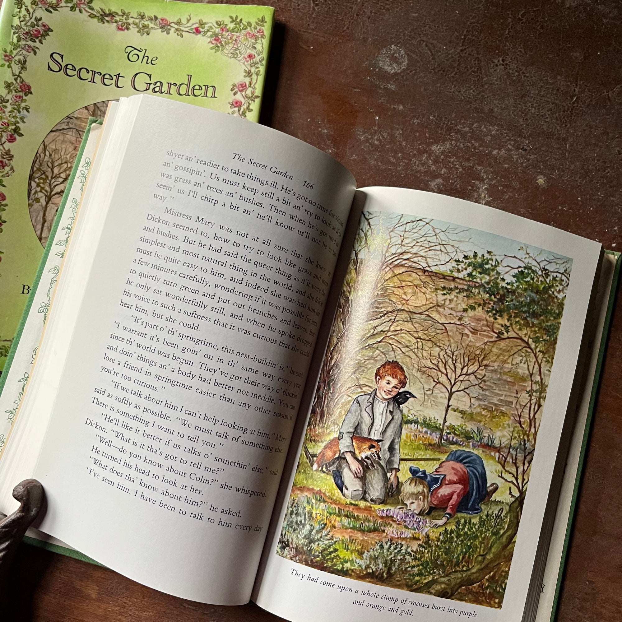 vintage children's chapter books, Tasha Tudor Illustrations, classic literature, read aloud book - The Secret Garden written by Frances Hodgson Burnett with illustrations by Tasha Tudor - view of the full page, full color illustrations by Tasha Tudor