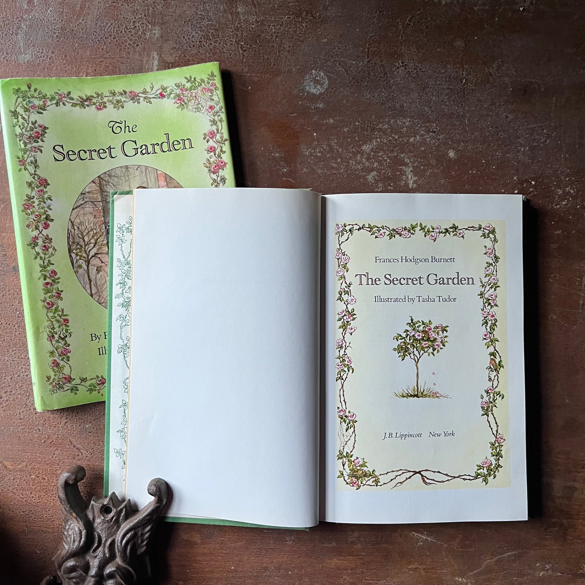 vintage children's chapter books, Tasha Tudor Illustrations, classic literature, read aloud book - The Secret Garden written by Frances Hodgson Burnett with illustrations by Tasha Tudor - view of the title page