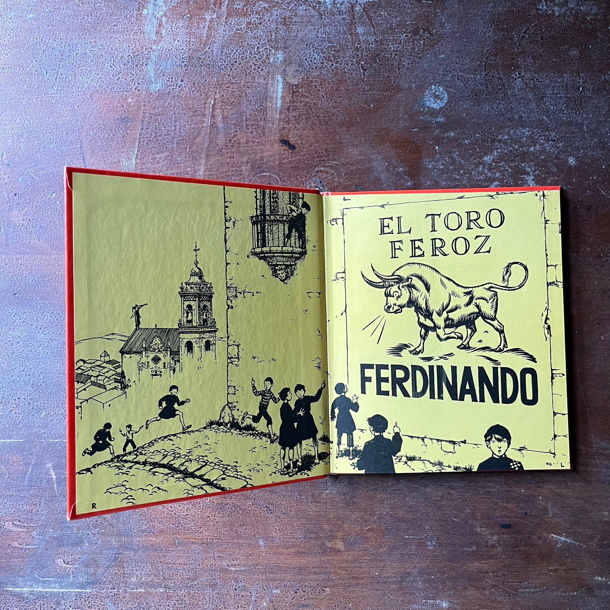 vintage children's picture book - The Story of Ferdinand written by Munro Leaf with illustrations by Robert Lawson - a 1964 Book Club Edition - view of the inside cover in yellow with an illustration of a billboard of Ferdinand with children running to look at it