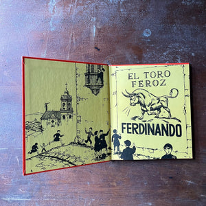 vintage children's picture book - The Story of Ferdinand written by Munro Leaf with illustrations by Robert Lawson - a 1964 Book Club Edition - view of the inside cover in yellow with an illustration of a billboard of Ferdinand with children running to look at it