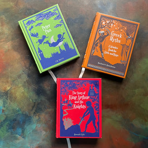 The Story of King Arthur and His Knights-Peter Pan-Greek Myths A Wonder Book for Girls and Boys-Barnes and Noble Leatherbound Collectible Classic Editions-view of the outside coves with embossed images from each book