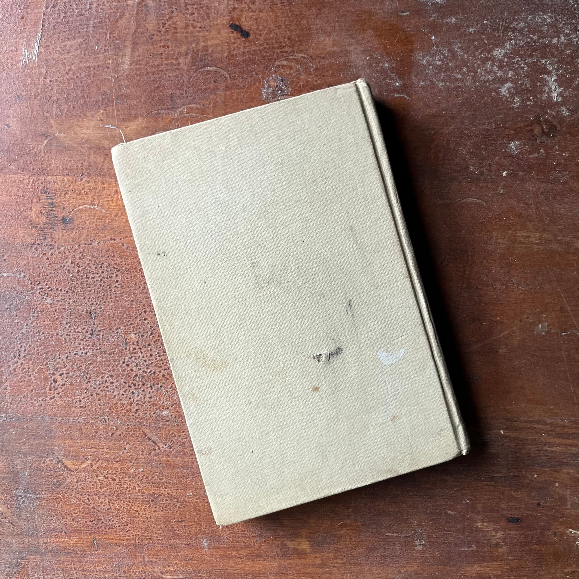 vintage children's living history book - The Story of the U. S. Air Force is a 1959 Landmark Series Book written by Robert D. Loomis with illustrations by Bill Feeny - view of the back cover - plain light tan with wear from years of reading & use