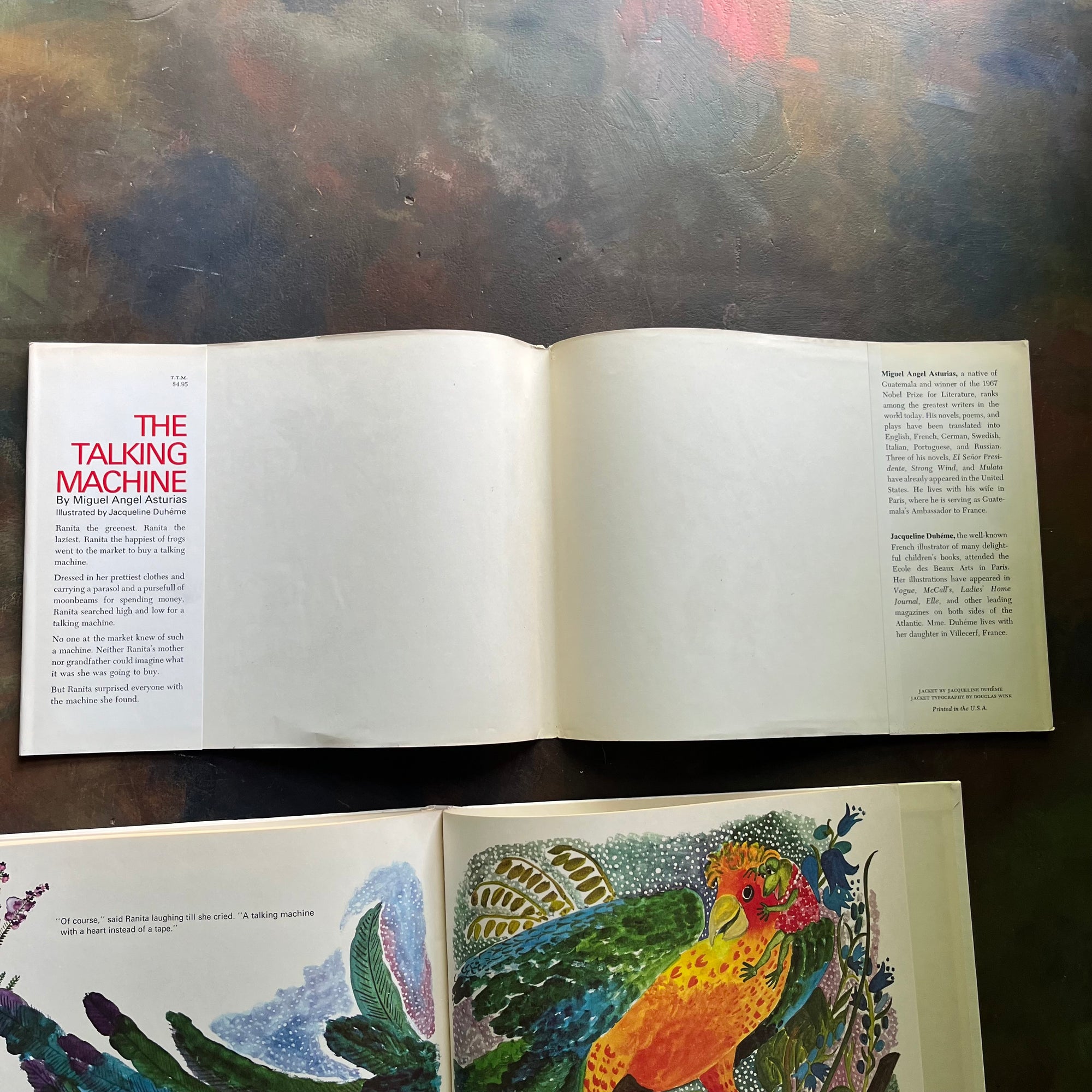 The Talking Machine written by Miguel Angfel Asturias with illustrations by Jacqueline Duheme-1971 First Edition-vintage Children's Picture Book-view of the inside of the dust jacket