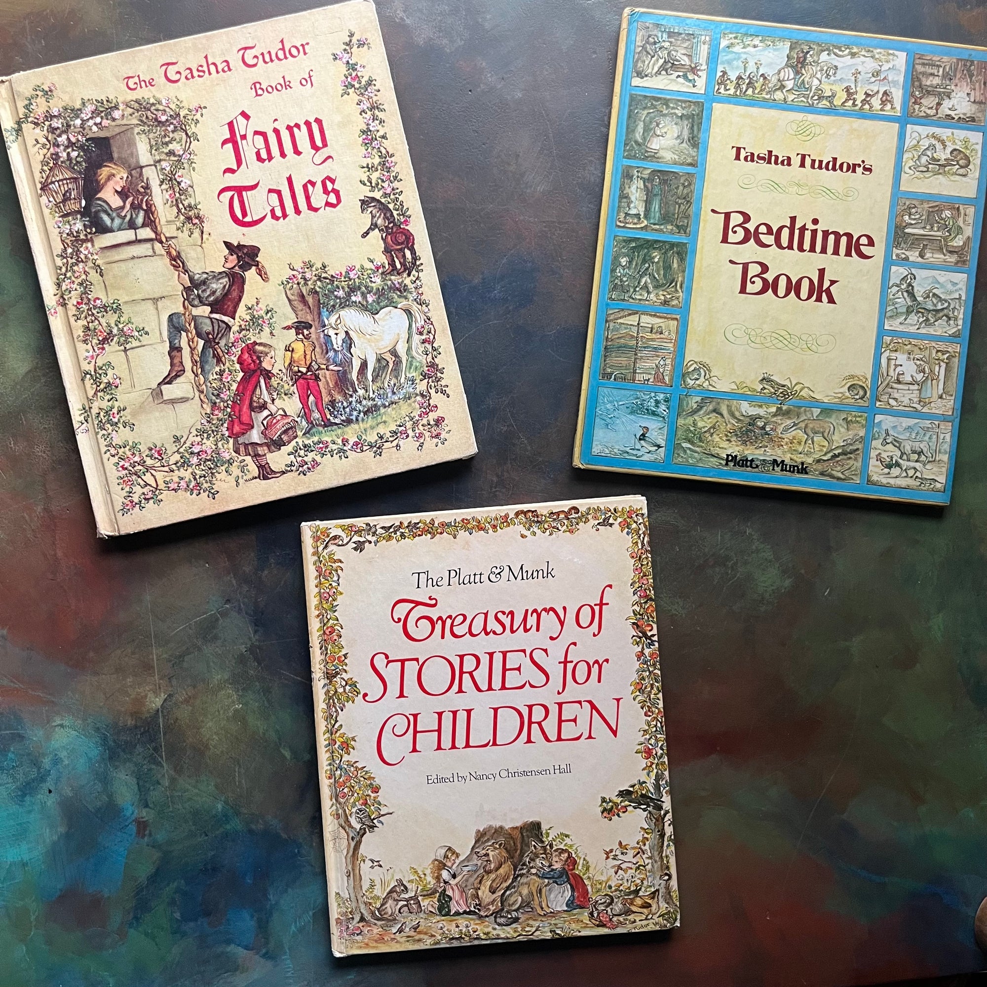 The Tasha Tudor Book of Fairy Tales, Tasha Tudor's Bedtime Book & The Treasury of Stories for Children-vintage children's stories-view of the front covers