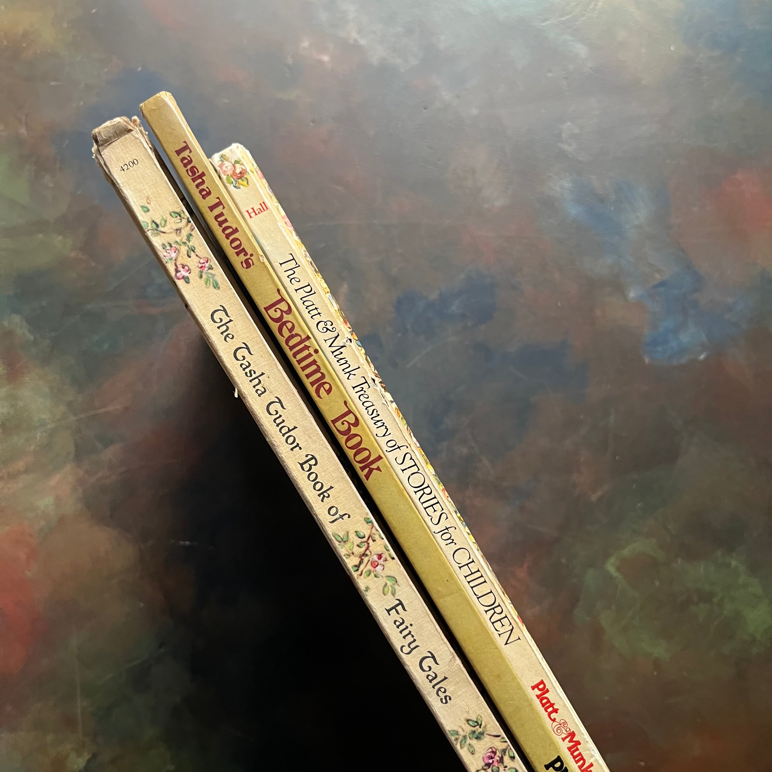 The Tasha Tudor Book of Fairy Tales, Tasha Tudor's Bedtime Book & The Treasury of Stories for Children-vintage children's stories-view of the spines