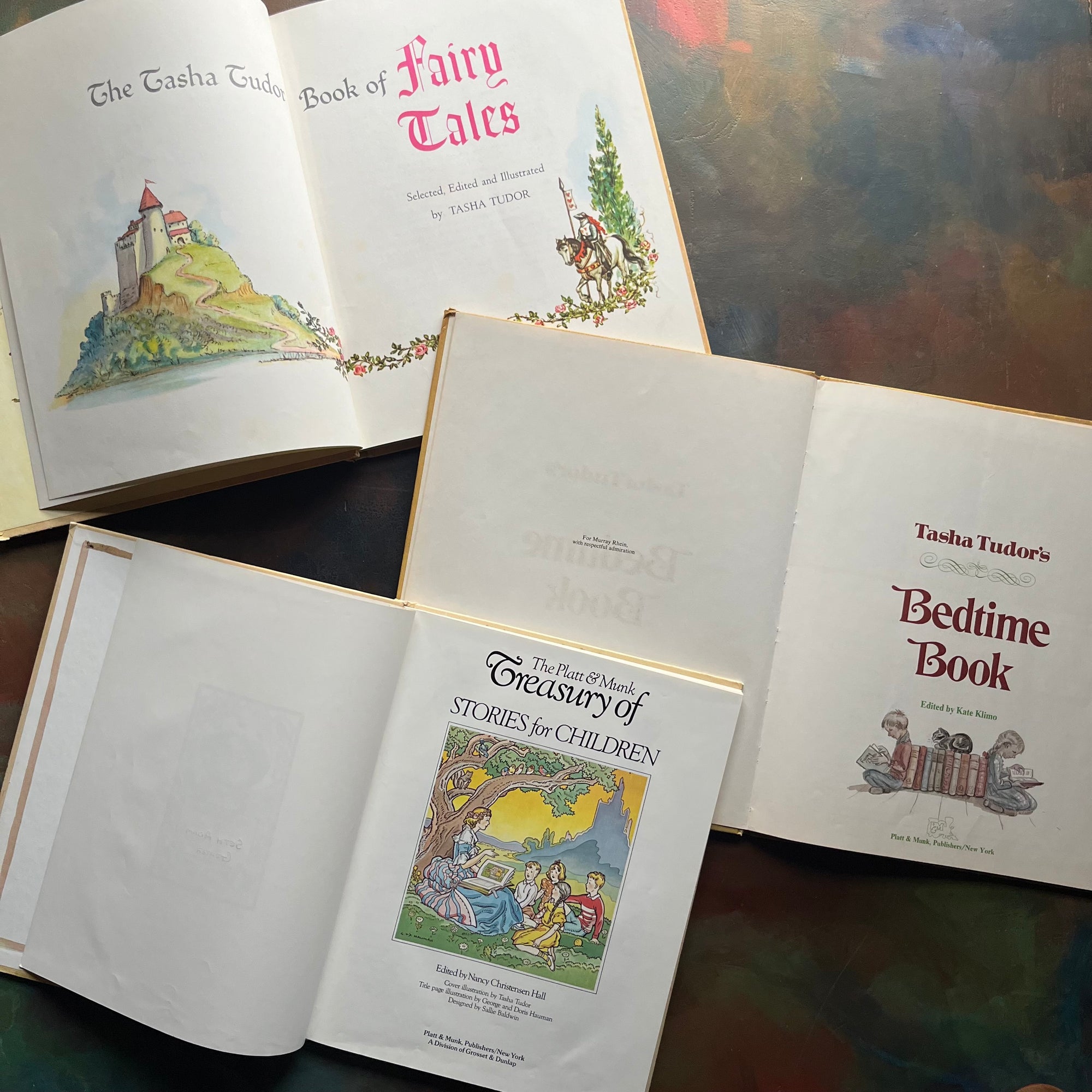 The Tasha Tudor Book of Fairy Tales, Tasha Tudor's Bedtime Book & The Treasury of Stories for Children-vintage children's stories-view of the title pages