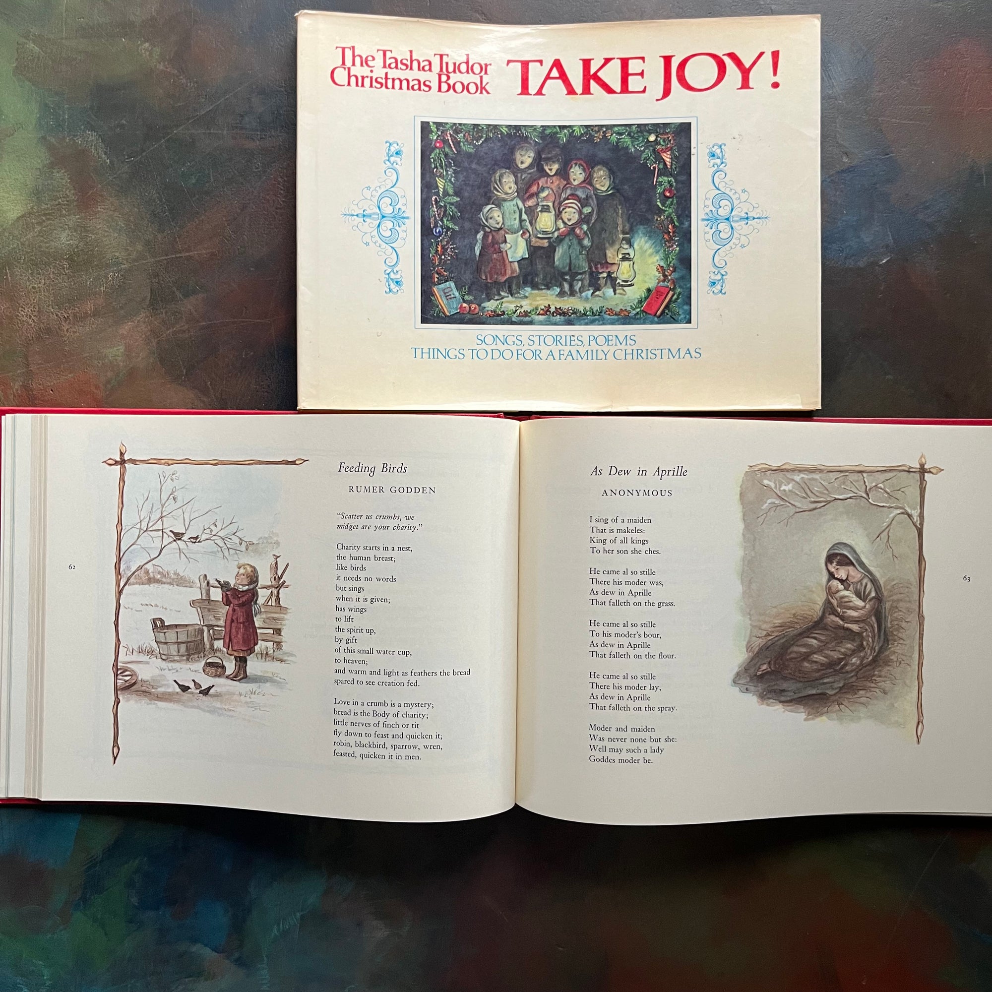 The Tasha Tudor Christmas Book Take Joy!-vintage Christmas Book-Songs, Stories, Poems-Family Christmas Activities-view of the poems & illustrations within the pages 