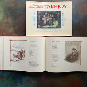 The Tasha Tudor Christmas Book Take Joy!-vintage Christmas Book-Songs, Stories, Poems-Family Christmas Activities-view of the poems & illustrations within the pages 