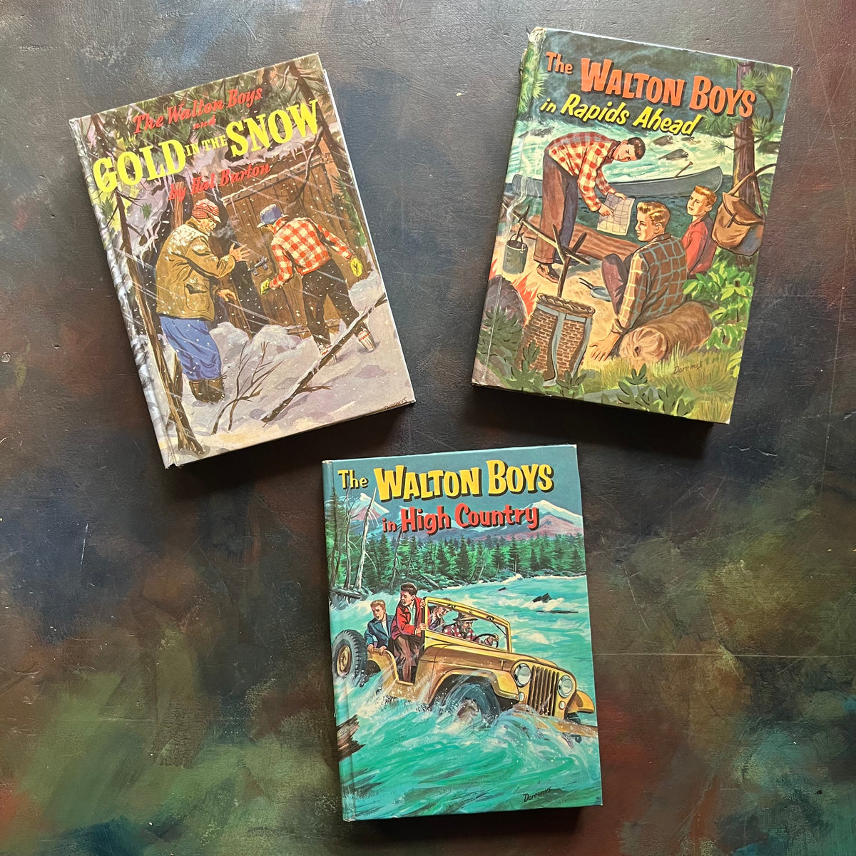 The Walton Boys Book Set-The Walton Boys and Gold in the Snow-The Walton Boys in Rapids Ahead-the Walton Boys in High Country-Whitman Publishing Company-1950's adventure books for boys-wholesome family stories-view of the front covers