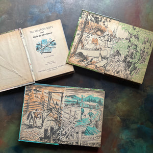 The Walton Boys Book Set-The Walton Boys and Gold in the Snow-The Walton Boys in Rapids Ahead-the Walton Boys in High Country-Whitman Publishing Company-1950's adventure books for boys-wholesome family stories-view of the inside covers depicting scenes from each book