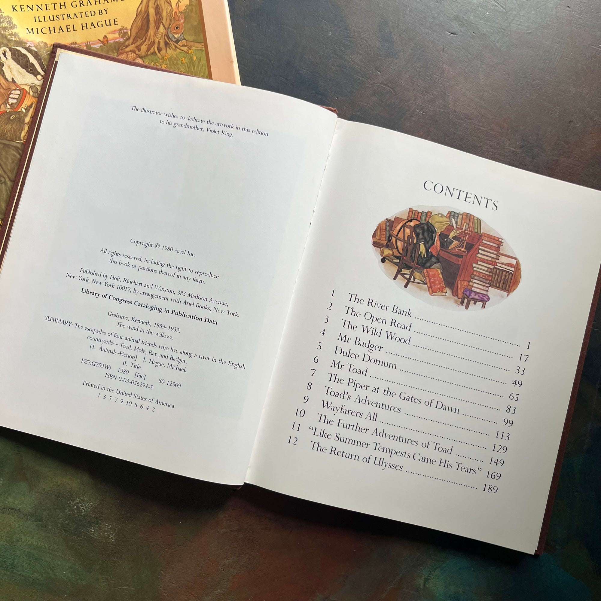 The Wind in The Willows written by Kenneth Grahame with illustrations by Michel Hague-vintage children's chapter book-classic literature-read aloud favorite-view of the copyright & contents pages