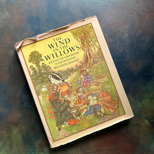 The Wind in The Willows written by Kenneth Grahame with illustrations by Michel Hague-vintage children's chapter book-classic literature-read aloud favorite-view of the dust jacket's front cover with an image of the main character's having a picnic