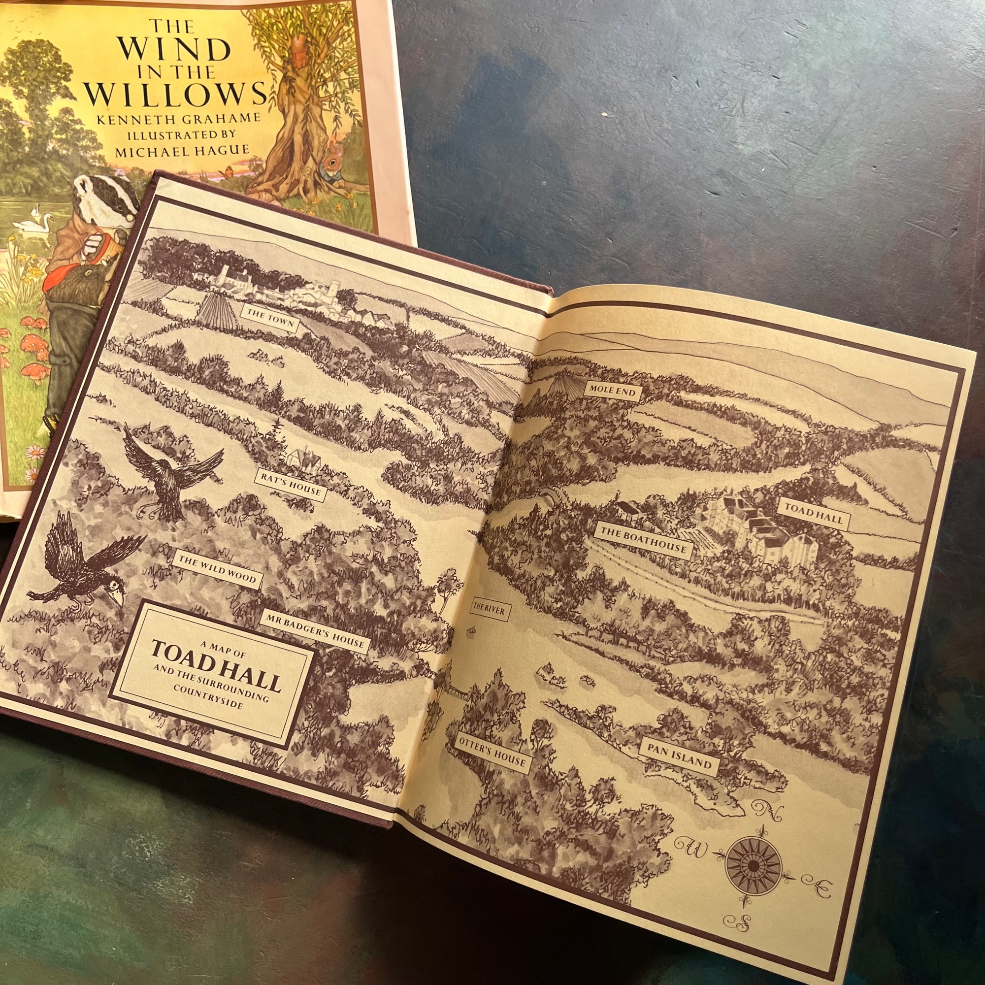 The Wind in The Willows written by Kenneth Grahame with illustrations by Michel Hague-vintage children's chapter book-classic literature-read aloud favorite-view of the inside cover