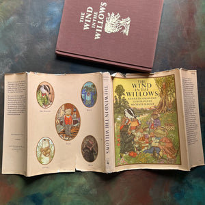 The Wind in The Willows written by Kenneth Grahame with illustrations by Michel Hague-vintage children's chapter book-classic literature-read aloud favorite-view of the complete outside of the dust jacket - note this shows the wear around the edges including several tears