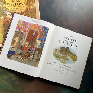 The Wind in The Willows written by Kenneth Grahame with illustrations by Michel Hague-vintage children's chapter book-classic literature-read aloud favorite-view of the title page and frontispiece