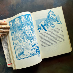 The Wizard of Oz by written by L. Frank Baum with illustrations by W. W. Denslow-1956 Edition-modern day fairy tale-classic children's literature-view of the illustrations in blue and white
