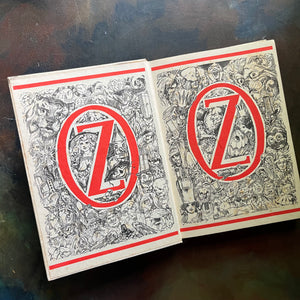 The Wizard of Oz by written by L. Frank Baum with illustrations by W. W. Denslow-1956 Edition-modern day fairy tale-classic children's literature-view of the inside cover with the word OZ in bright red letters on both sides and a detailed collage of images from the book surrounding the letters