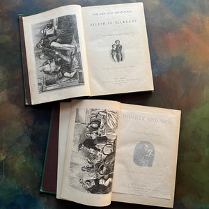 The Works of Charles Dickens Household Editions - Nicholas Nickleby and Dombey and Son - antique, collectible editions-view of the frontispieces and title pages