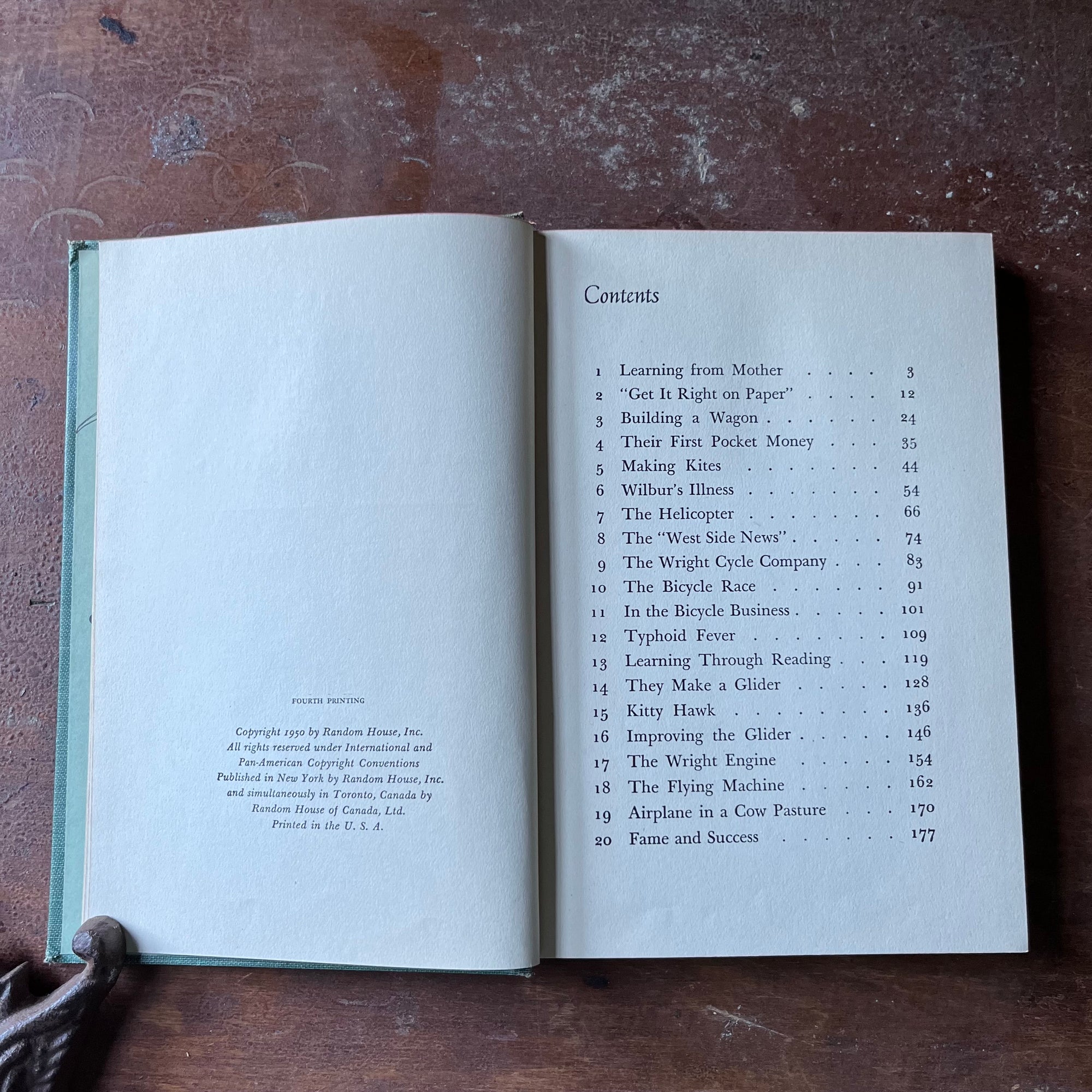 vintage children's book, vintage chapter book, living history book, Landmark Series - The Wright Brothers written by Quentin Reynolds with illustrations by Jacob Landau - view of the copyright & content pages