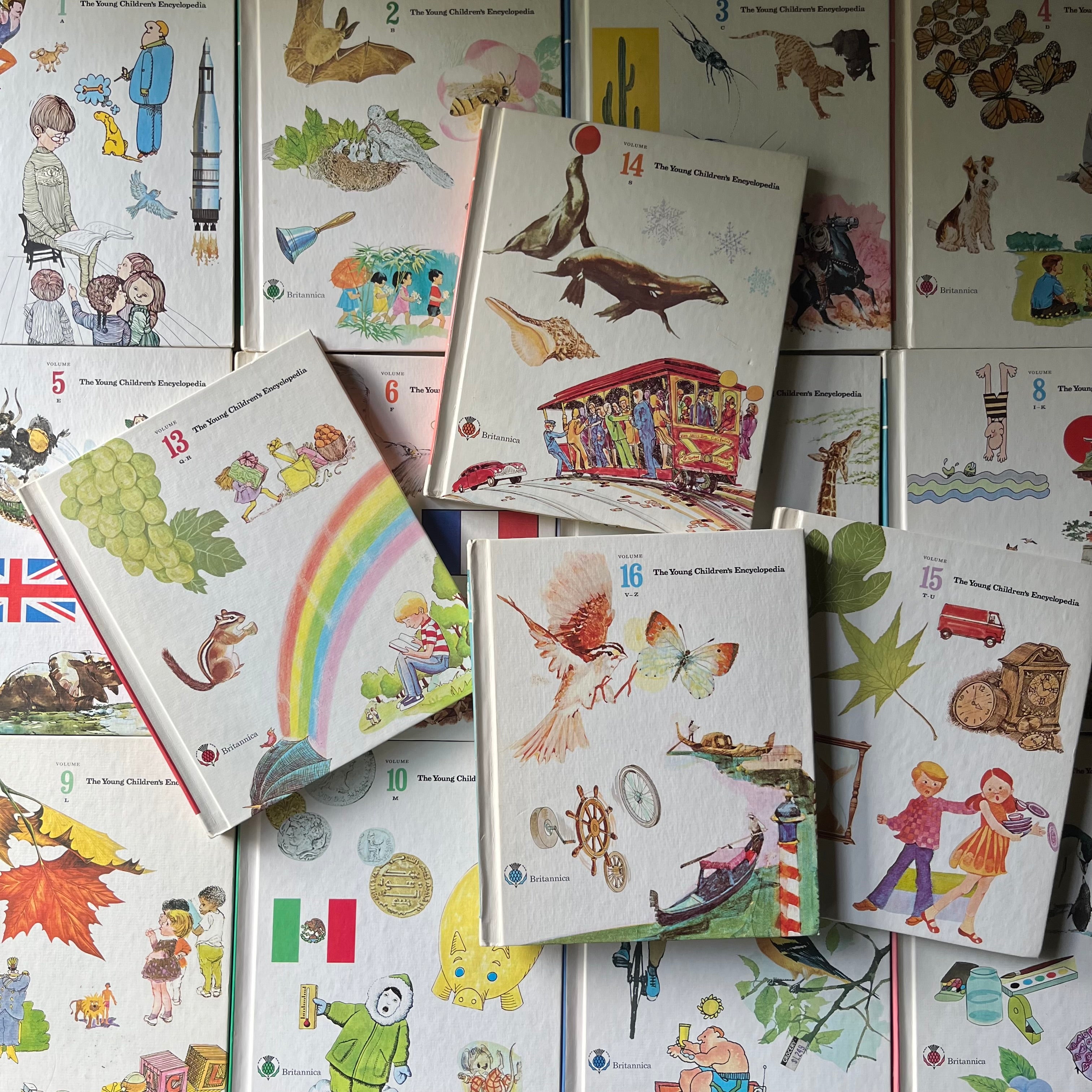 Collection of children's books with colorful illustrations on a white background-The Young Children's Encyclopedia Complete 16 Volume Set-Encyclopedia Britannica-1970's living kids books-living books-view of the front covers