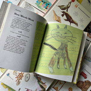 Open book with educational text and a child's drawing of a cat on a colorful background. The Young Children's Encyclopedia Complete 16 Volume Set-Encyclopedia Britannica-1970's living kids books-living books-view of the inside content from one volume
