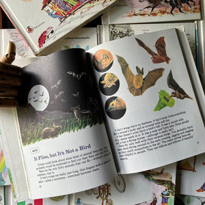 Open book with illustrations of bats and nature scenes with other books from this set in the background.  The Young Children's Encyclopedia Complete 16 Volume Set-Encyclopedia Britannica-1970's living kids books-living books-view of the inside content.