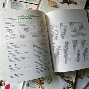 Open book showing the 'The Young Children's Encyclopedia' publication information. The Young Children's Encyclopedia Complete 16 Volume Set-Encyclopedia Britannica-1970's living kids books-living books-view of the publication information