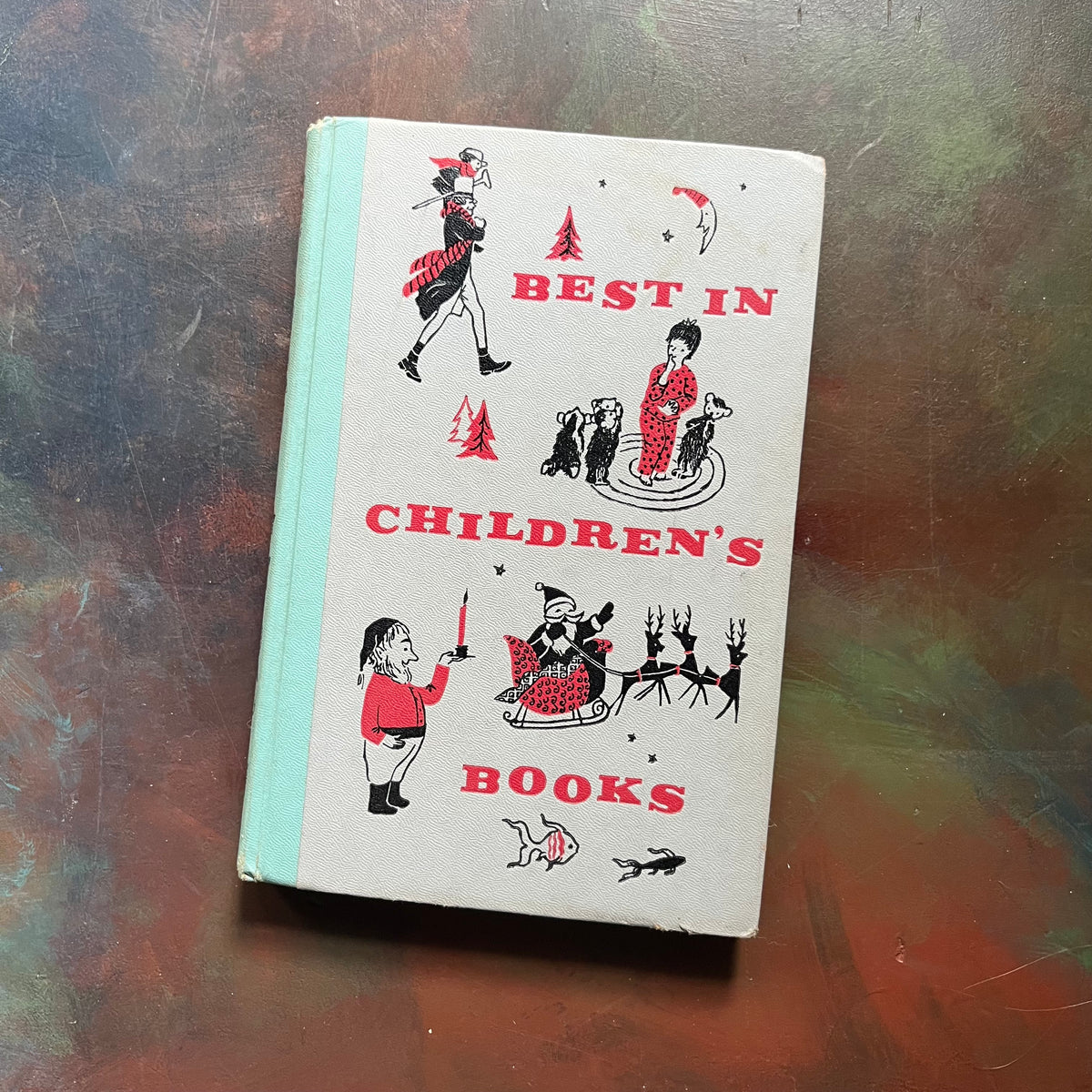 vintage children's book, children's book club book - Best in Children's Books 1957 Volume 4 - view of the embossed front cover with illustrations from inside the book