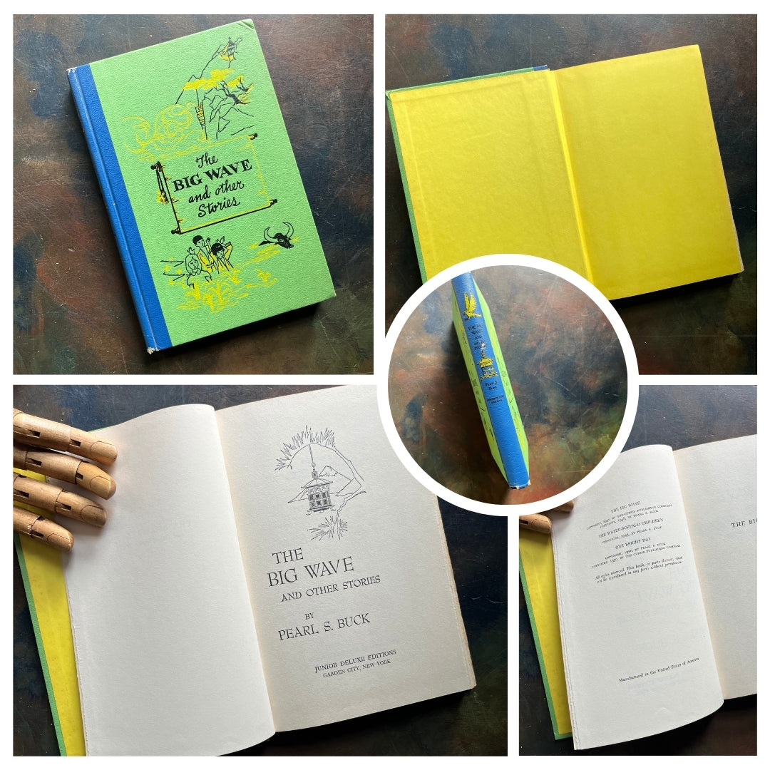 A collage of Junior Deluxe Edition books showing the cover, inside cover, spine, title page and copyright page of the book The Big Wave and Other Stories by Pearl S. Buck - vintage children's classic literature books-collectible children's books-rainbow book spines