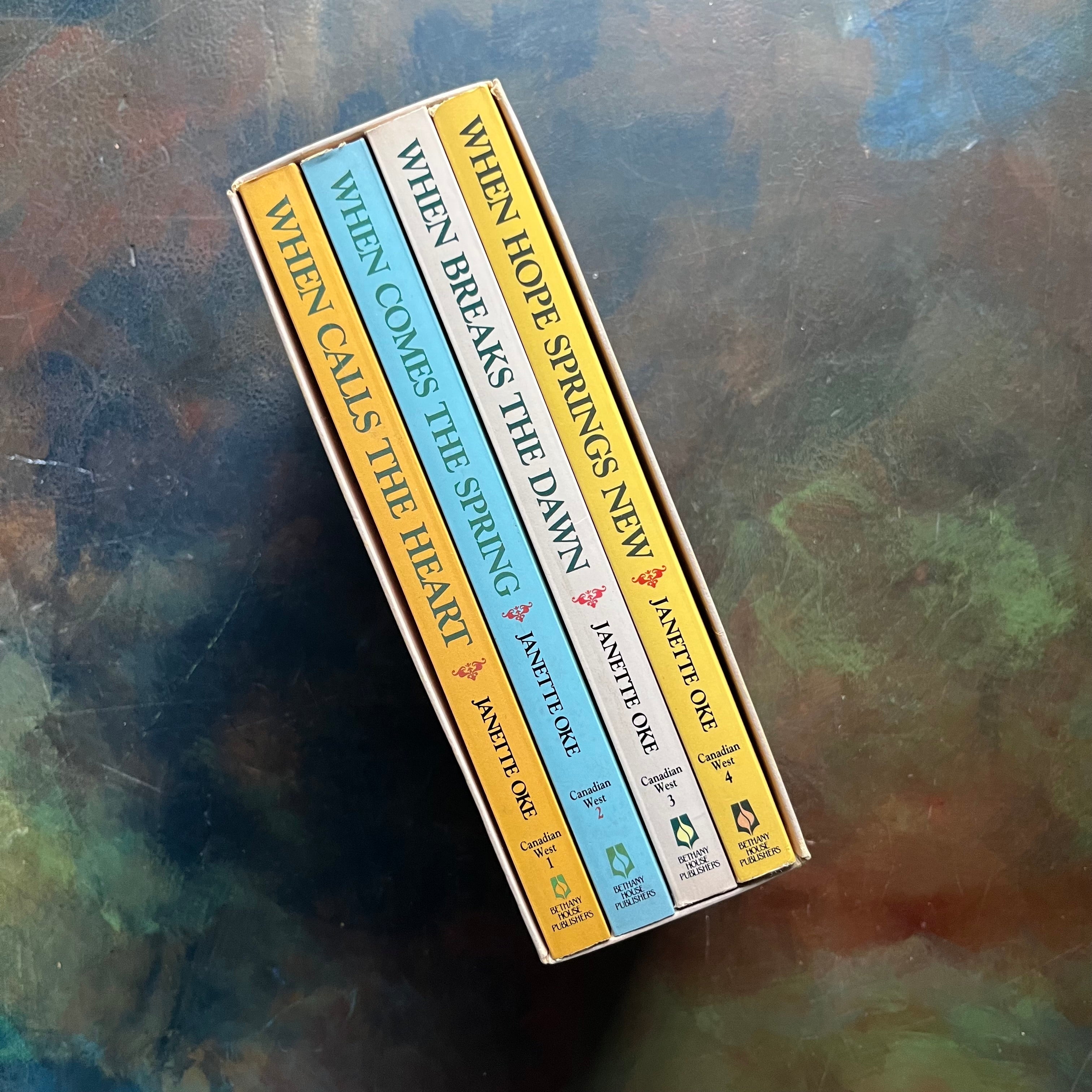 The Canadian West Series, historical fiction-Janette Oke's Canadian West Series-Christian romance-view of the spines sitting in the book sleeve