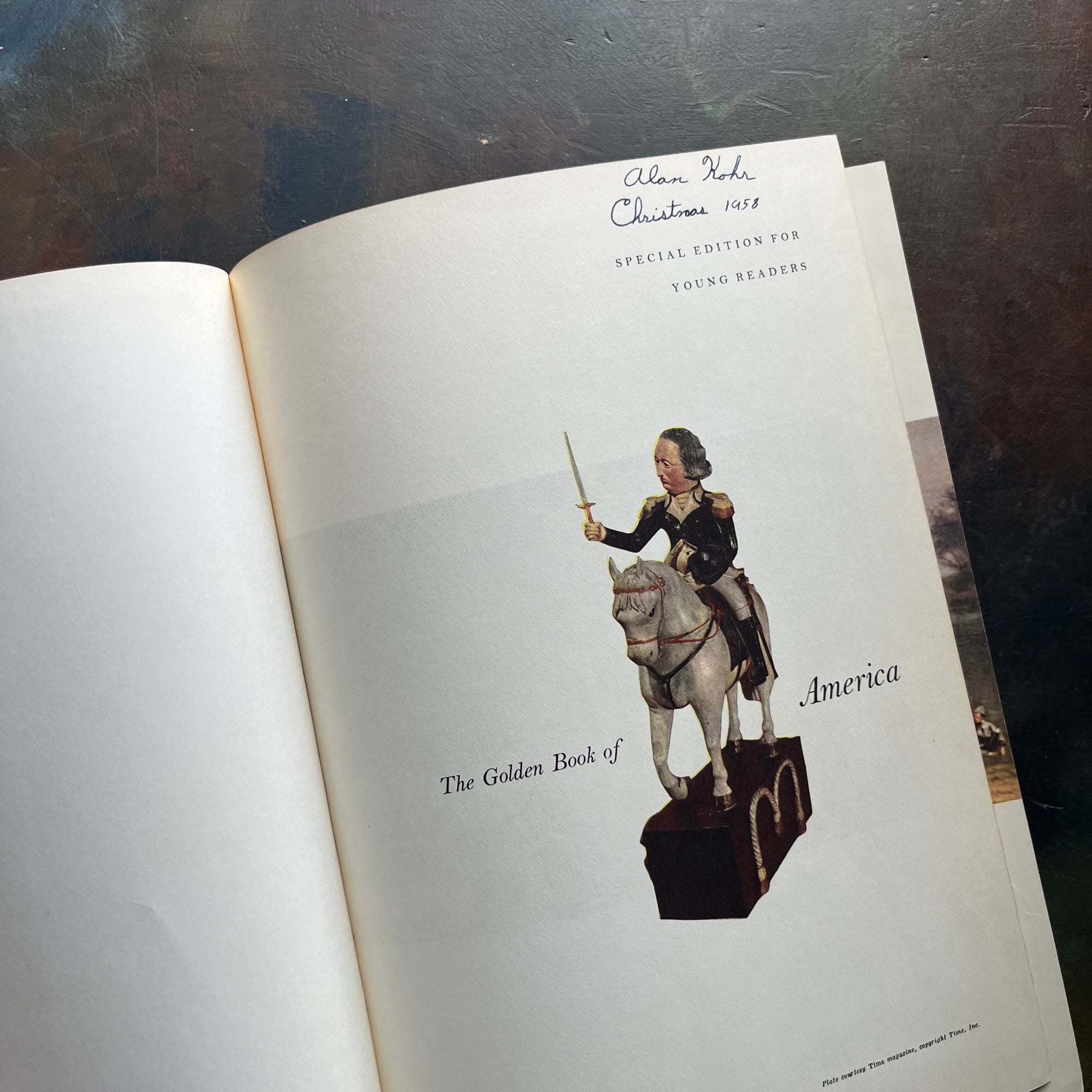 The Golden Book of America-Stories from our Country's Past-Heritage Magazine-US History for Children-America250-view of the half title page showing a name & date in the upper, right hand corner in ink
