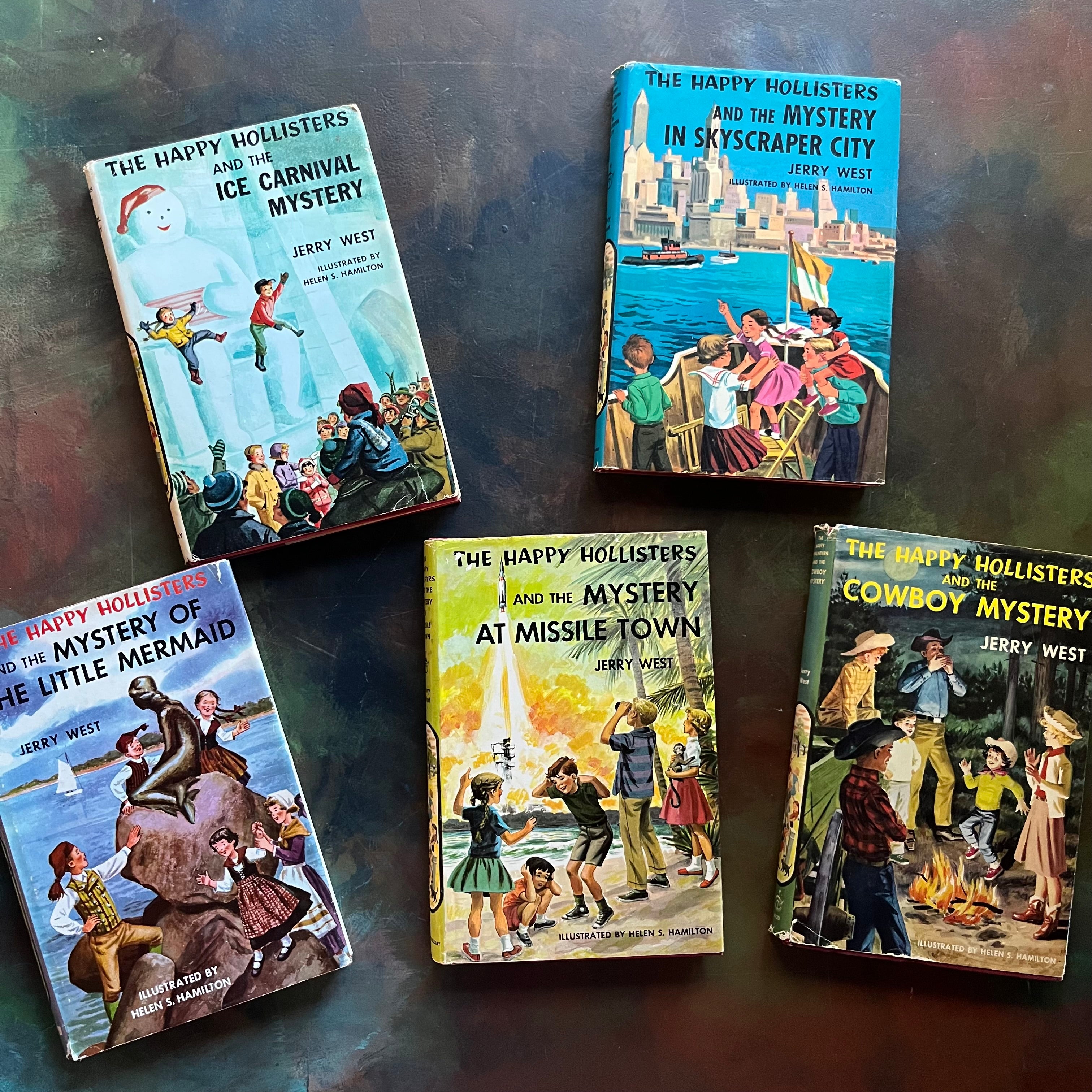 The Happy Hollisters Mystery Series by Jerry West-Starter Set Books 16-20-vintage children's mystery books-wholesome family reads-view of the dust jacket covers depicting a scene from inside each book