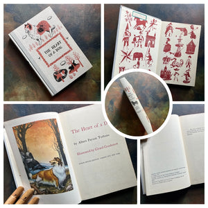 A collage of Junior Deluxe Edition books showing the cover, inside cover, spine, title page and copyright page of the book, the Heart of a Dog, written by Albert Payson Terhune- vintage children's classic literature books-collectible children's books-rainbow book spines
