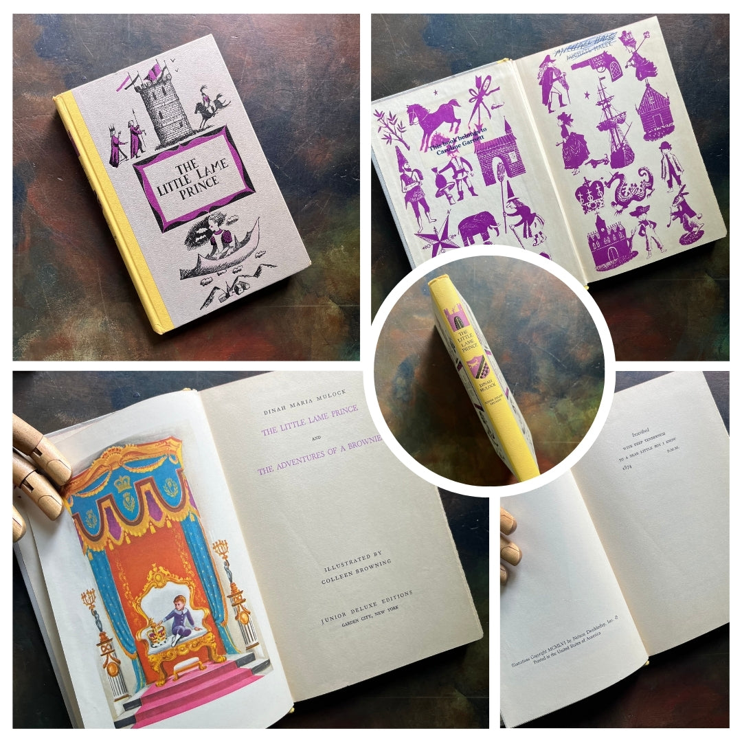 A collage of Junior Deluxe Edition books showing the cover, inside cover, spine, title page and copyright page of the book, The Little Lame Prince and the Adventures of a Brownie, written by Dinah Maria Mulock Craik - vintage children's classic literature books-collectible children's books-rainbow book spines
