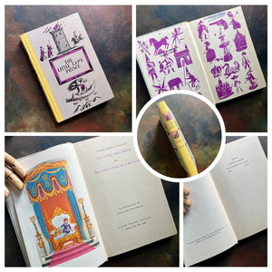 A collage of Junior Deluxe Edition books showing the cover, inside cover, spine, title page and copyright page of the book, The Little Lame Prince and the Adventures of a Brownie, written by Dinah Maria Mulock Craik - vintage children's classic literature books-collectible children's books-rainbow book spines