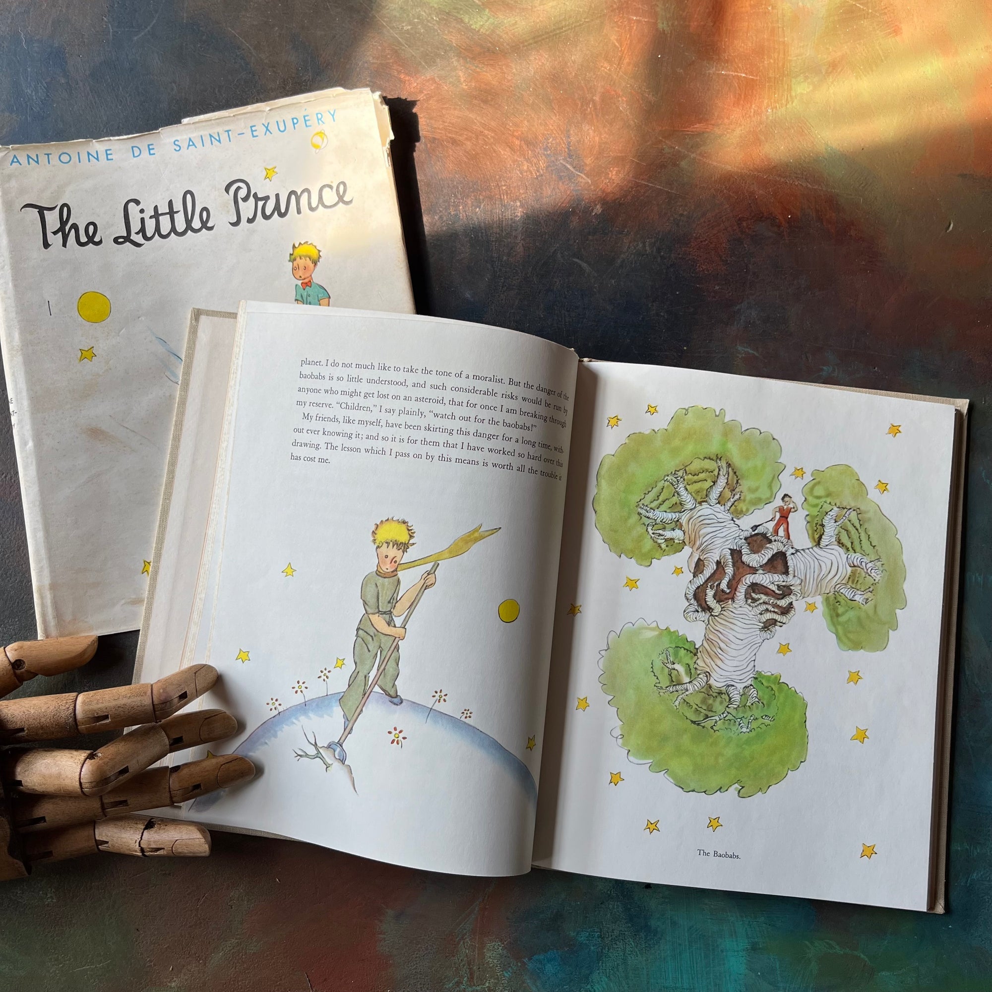 The Little Prince written & illustrated by Antoine De Saint-Exupery-vintage children's classic literature-vintage children's chapter book-view of the color illustrations & text within the book