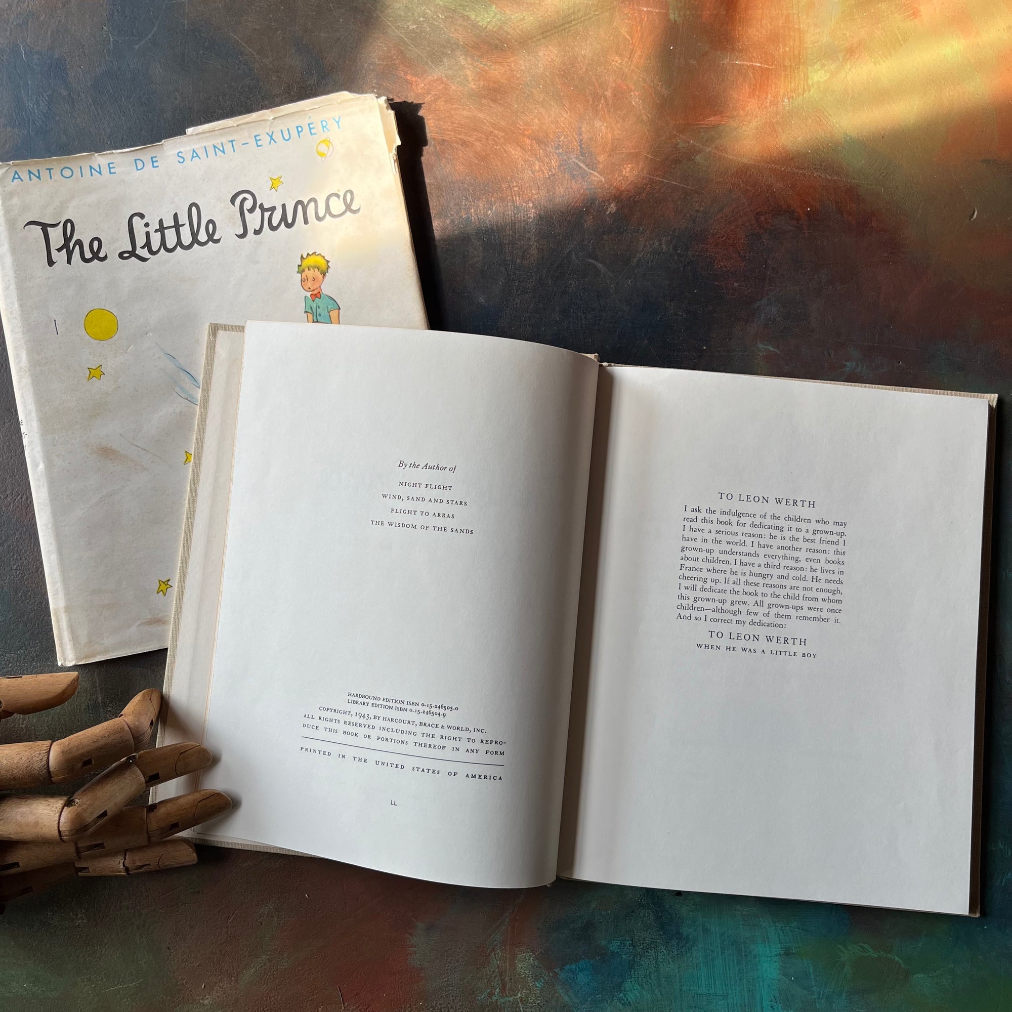 The Little Prince written & illustrated by Antoine De Saint-Exupery-vintage children's classic literature-vintage children's chapter book-view of the copyright & dedication pages
