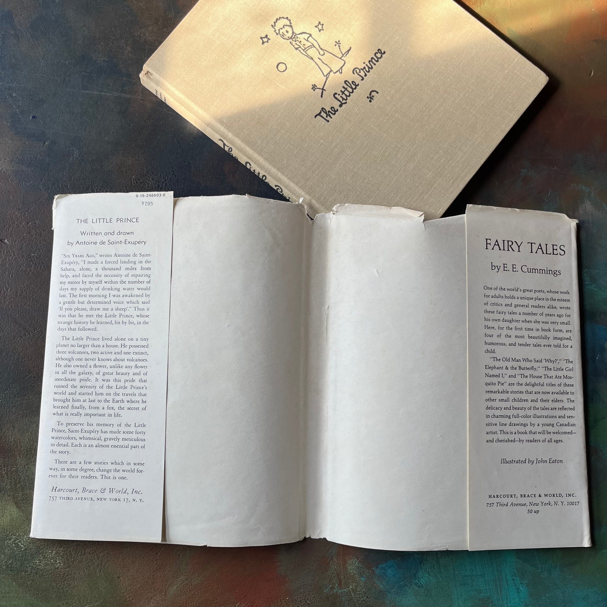 The Little Prince written & illustrated by Antoine De Saint-Exupery-vintage children's classic literature-vintage children's chapter book-view of the dust jacket's inside flaps