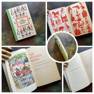 A collage of Junior Deluxe Edition books showing the cover, inside cover, spine, title page and copyright page of the book, The Peterkin Papers, written by Lucretia P. Hale - vintage children's classic literature books-collectible children's books-rainbow book spines