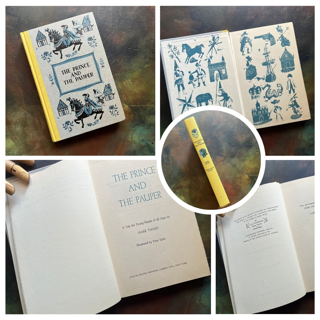 A collage of Junior Deluxe Edition books showing the cover, inside cover, spine, title page and copyright page of the book, the Prince and the Pauper, written by Mark Twain - vintage children's classic literature books-collectible children's books-rainbow book spines